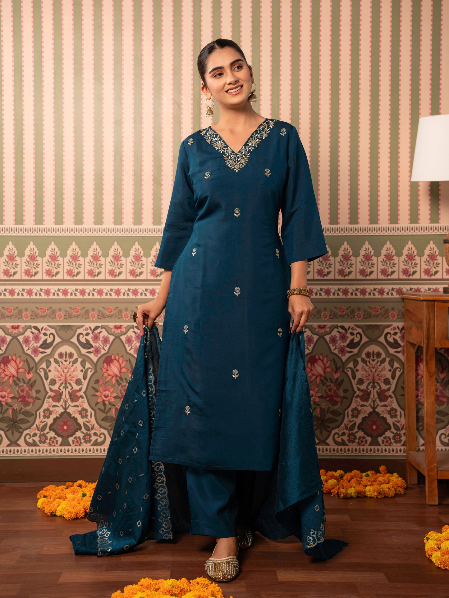 Embroidered Chanderi Solid Blue Dupatta