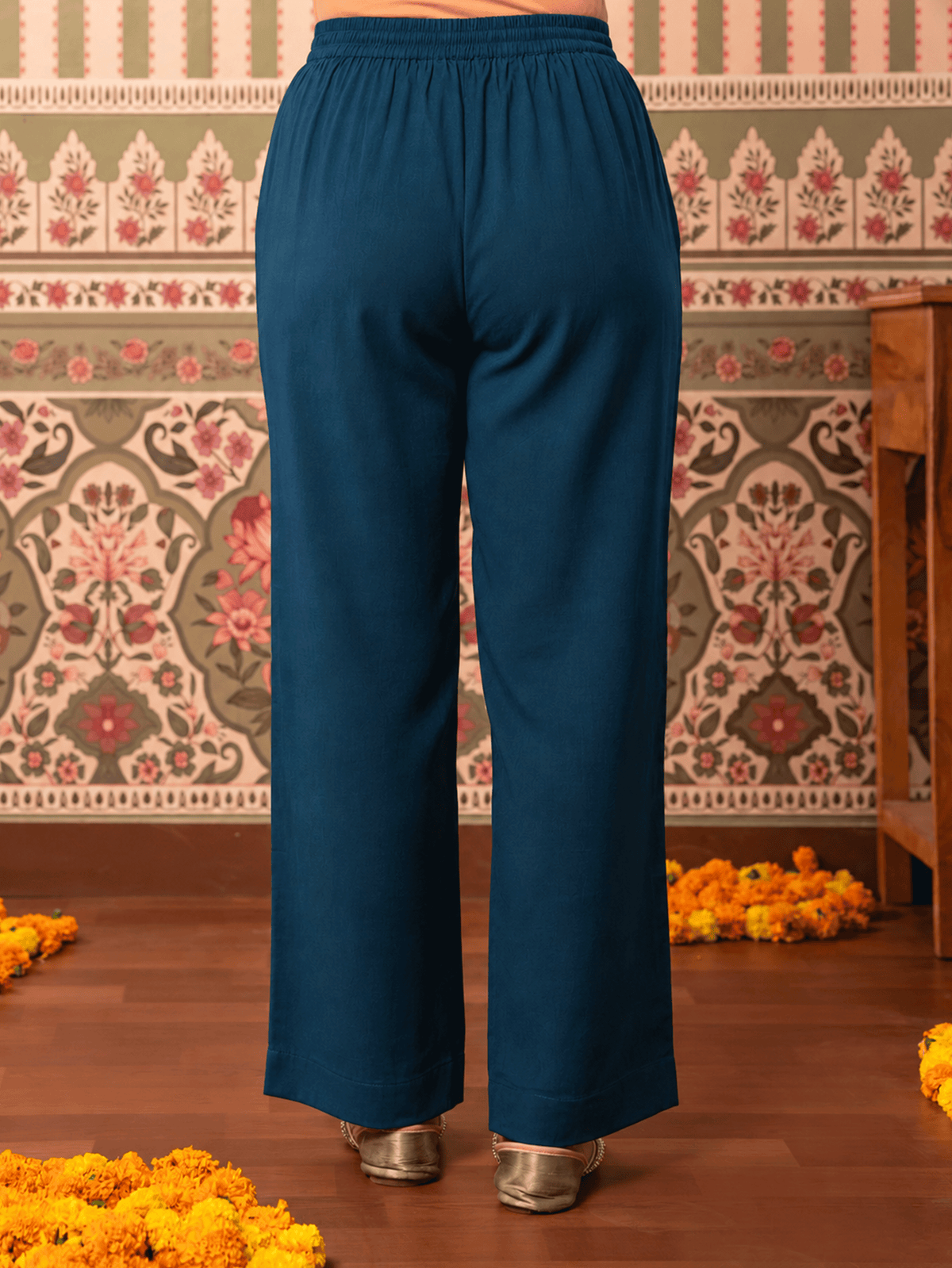 Embroidered Chanderi Solid Straight Blue Kurta
