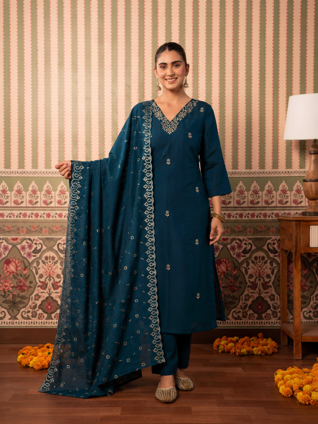 Embroidered Chanderi Solid Straight Blue Kurta