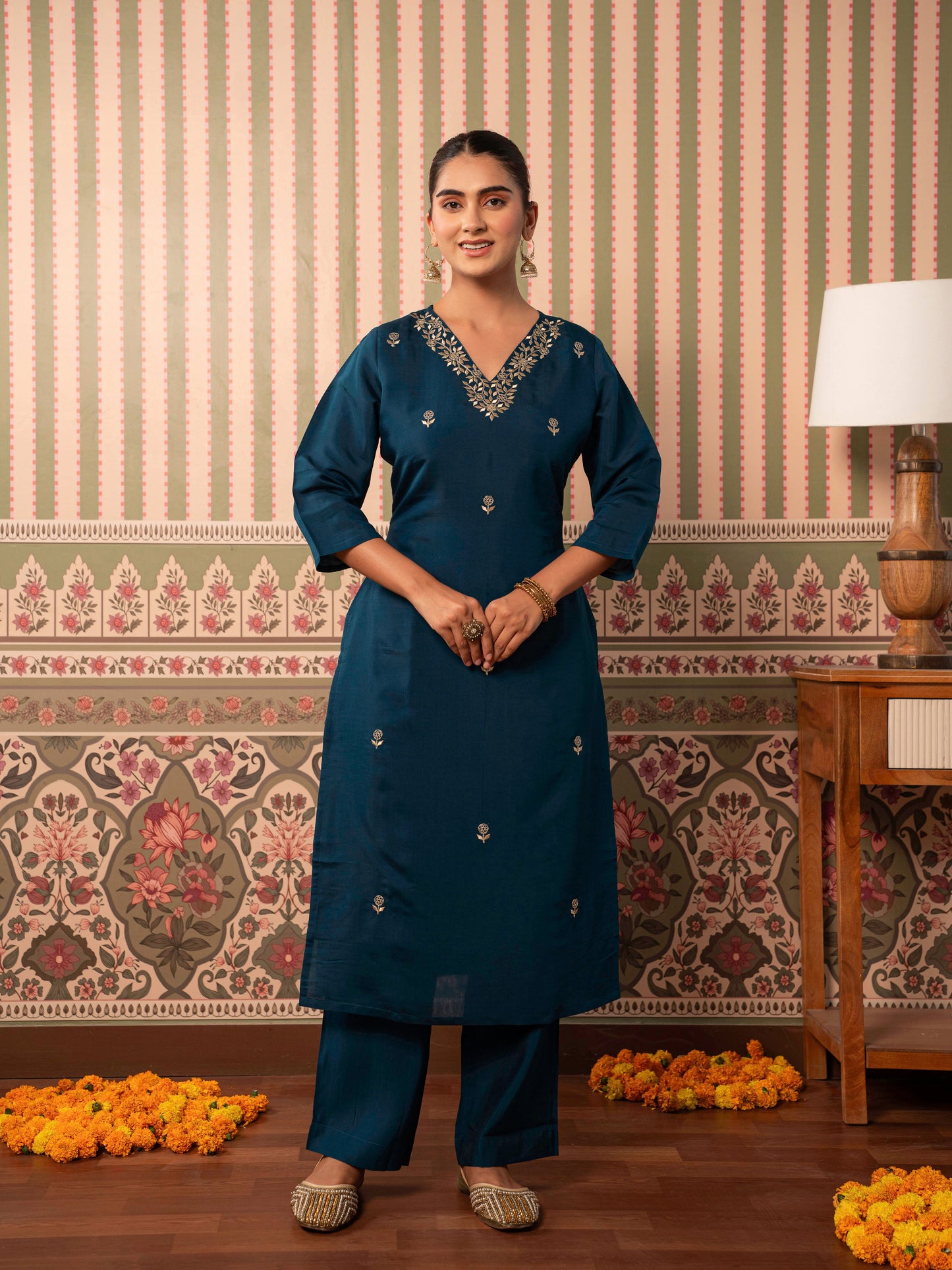 Embroidered Chanderi Solid Straight Blue Kurta