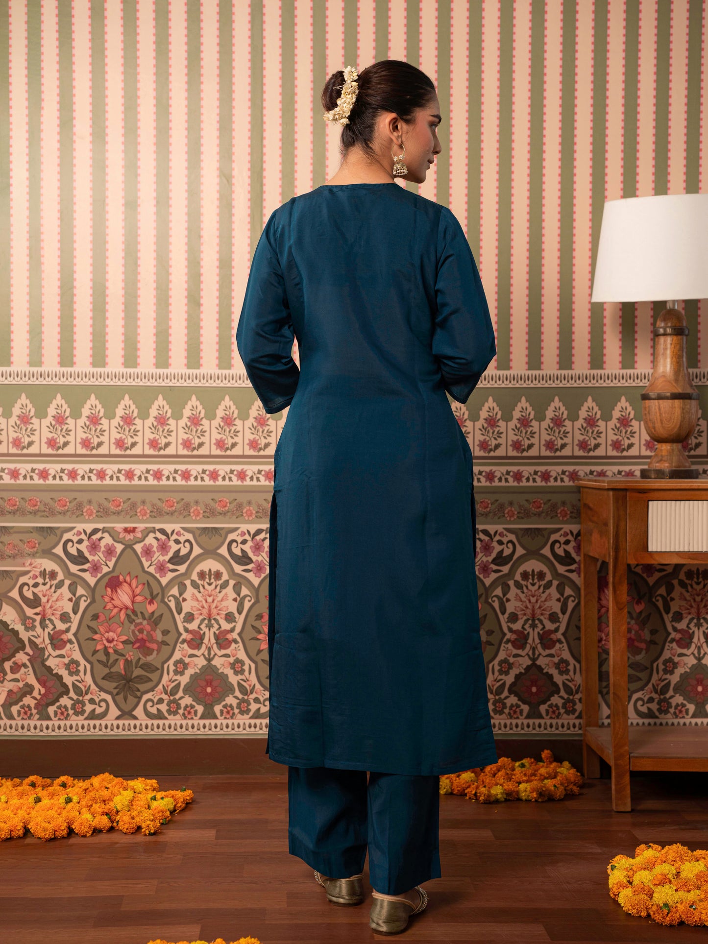 Embroidered Chanderi Solid Straight Blue Kurta