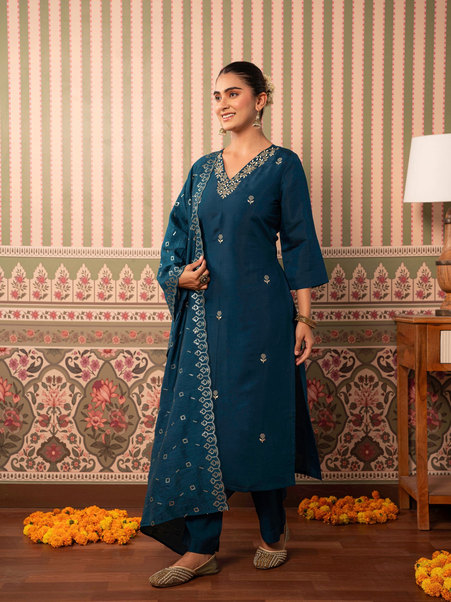 Embroidered Chanderi Solid Straight Blue Kurta