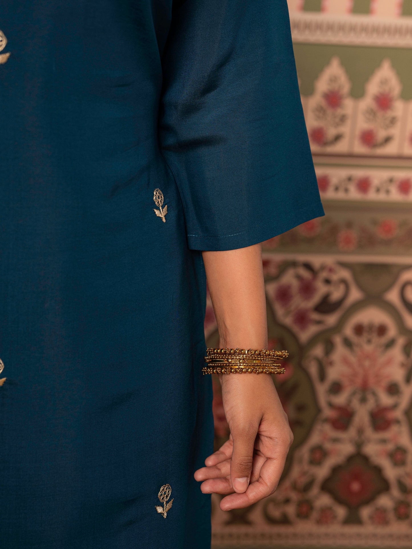 Embroidered Chanderi Solid Straight Blue Kurta