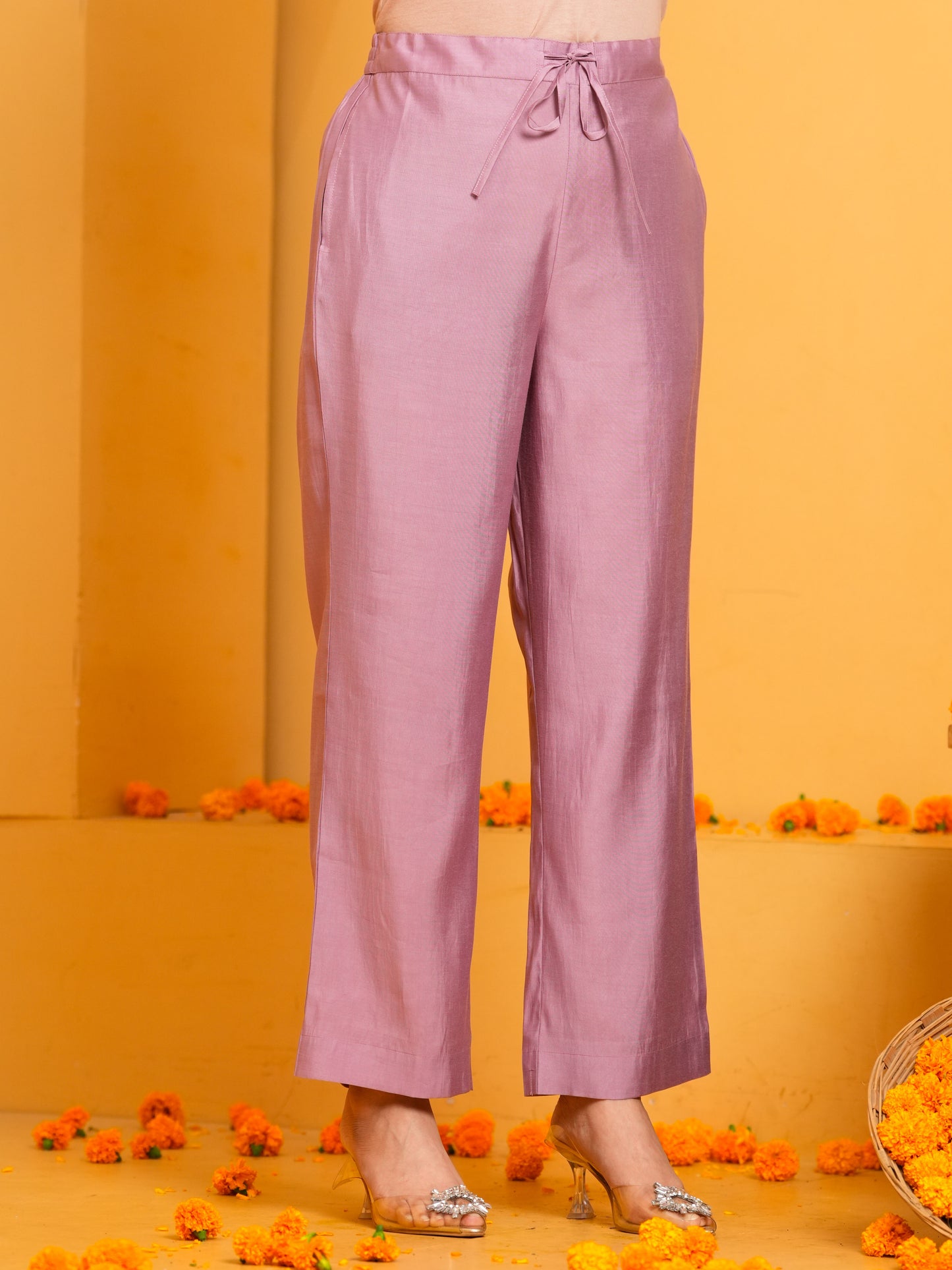 Chanderi Solid Dusty Pink Straight Trousers