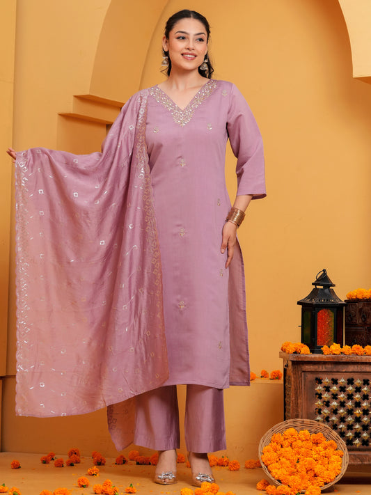 Embroidered Chanderi Solid Dusty Pink Dupatta