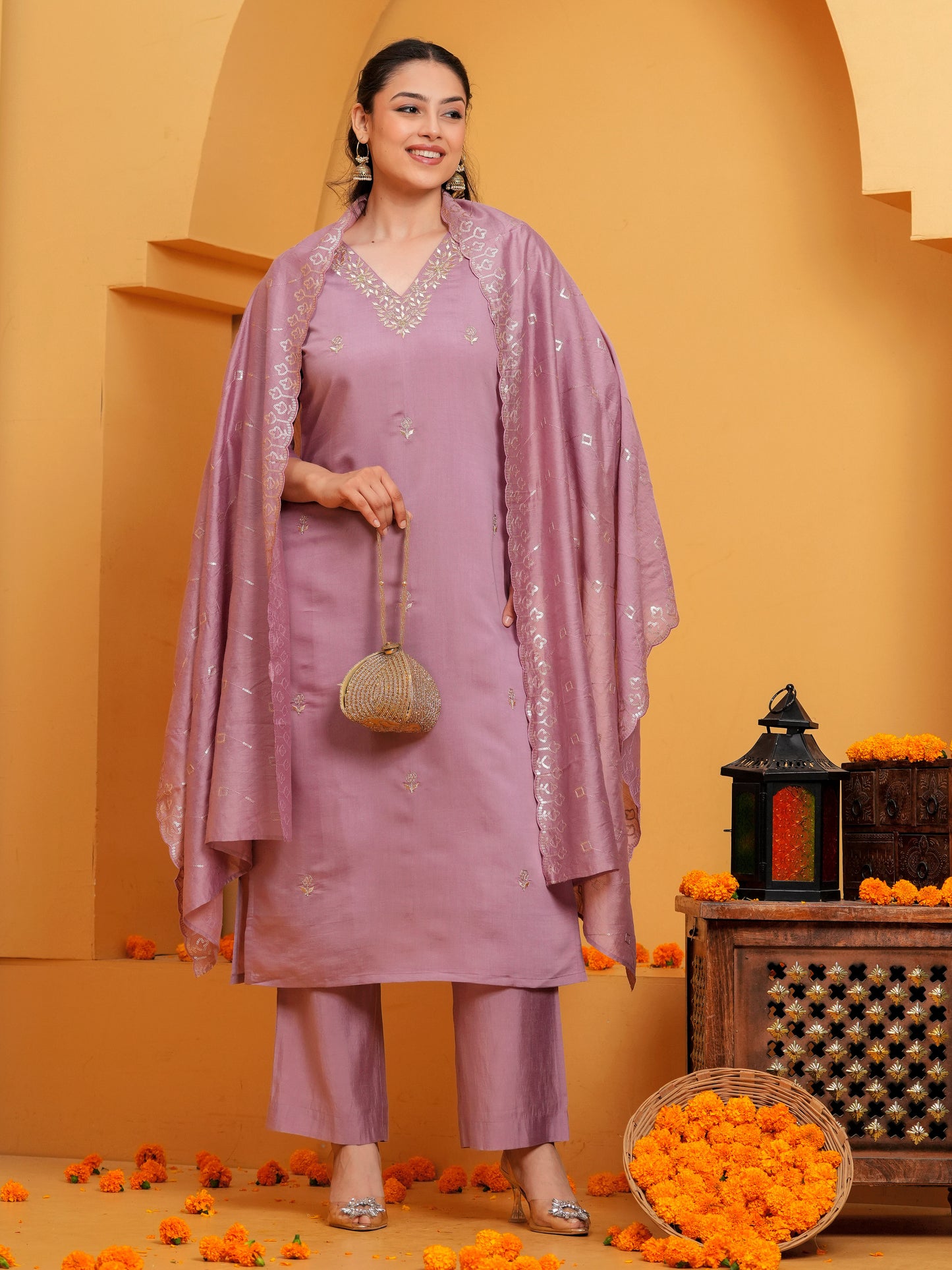 Embroidered Chanderi Solid Straight Dusty Pink Kurta