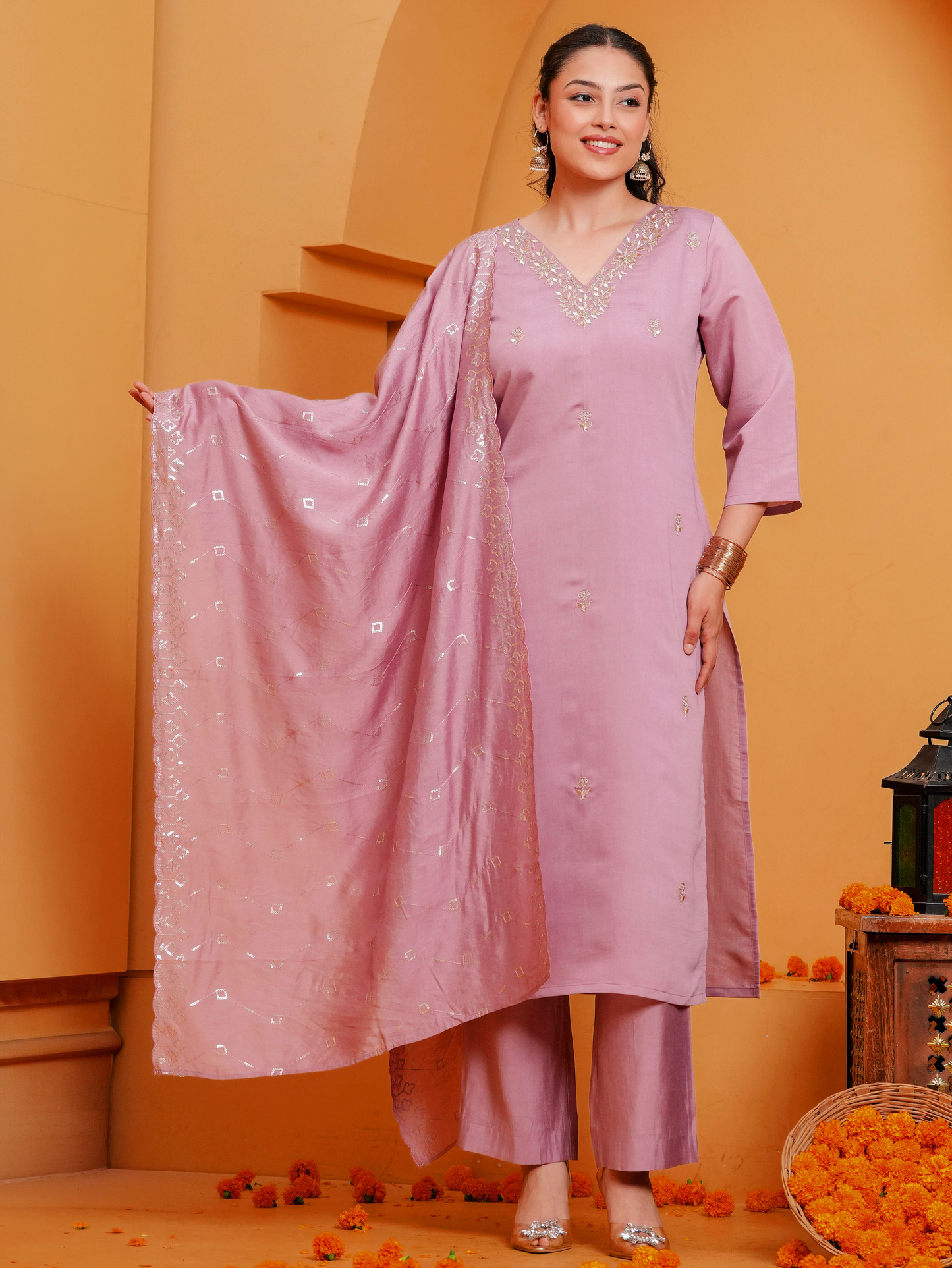 Embroidered Chanderi Solid Straight Dusty Pink Kurta