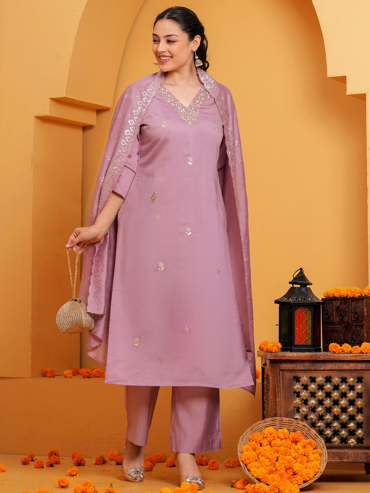 Embroidered Chanderi Solid Straight Dusty Pink Kurta