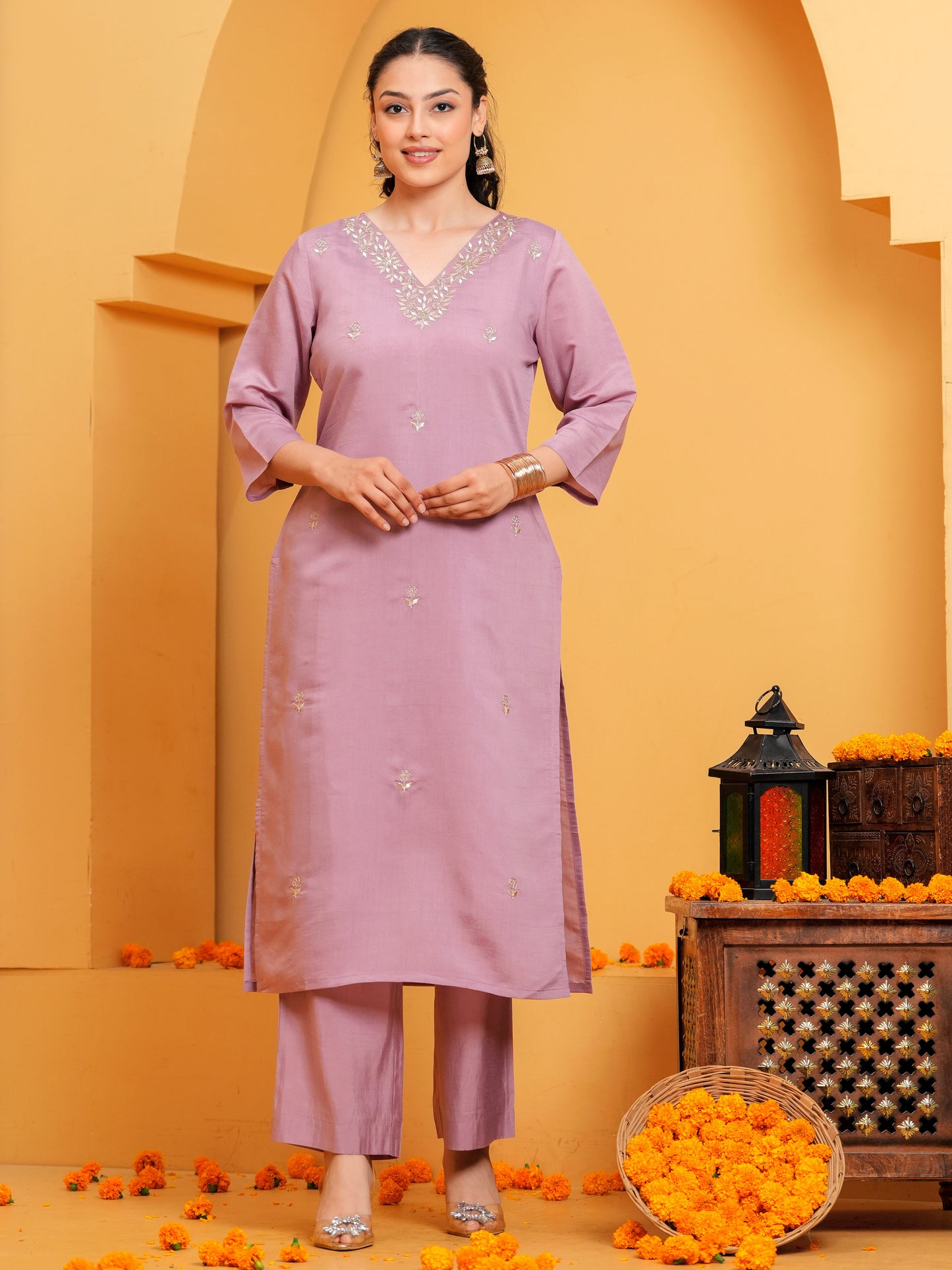 Embroidered Chanderi Solid Straight Dusty Pink Kurta
