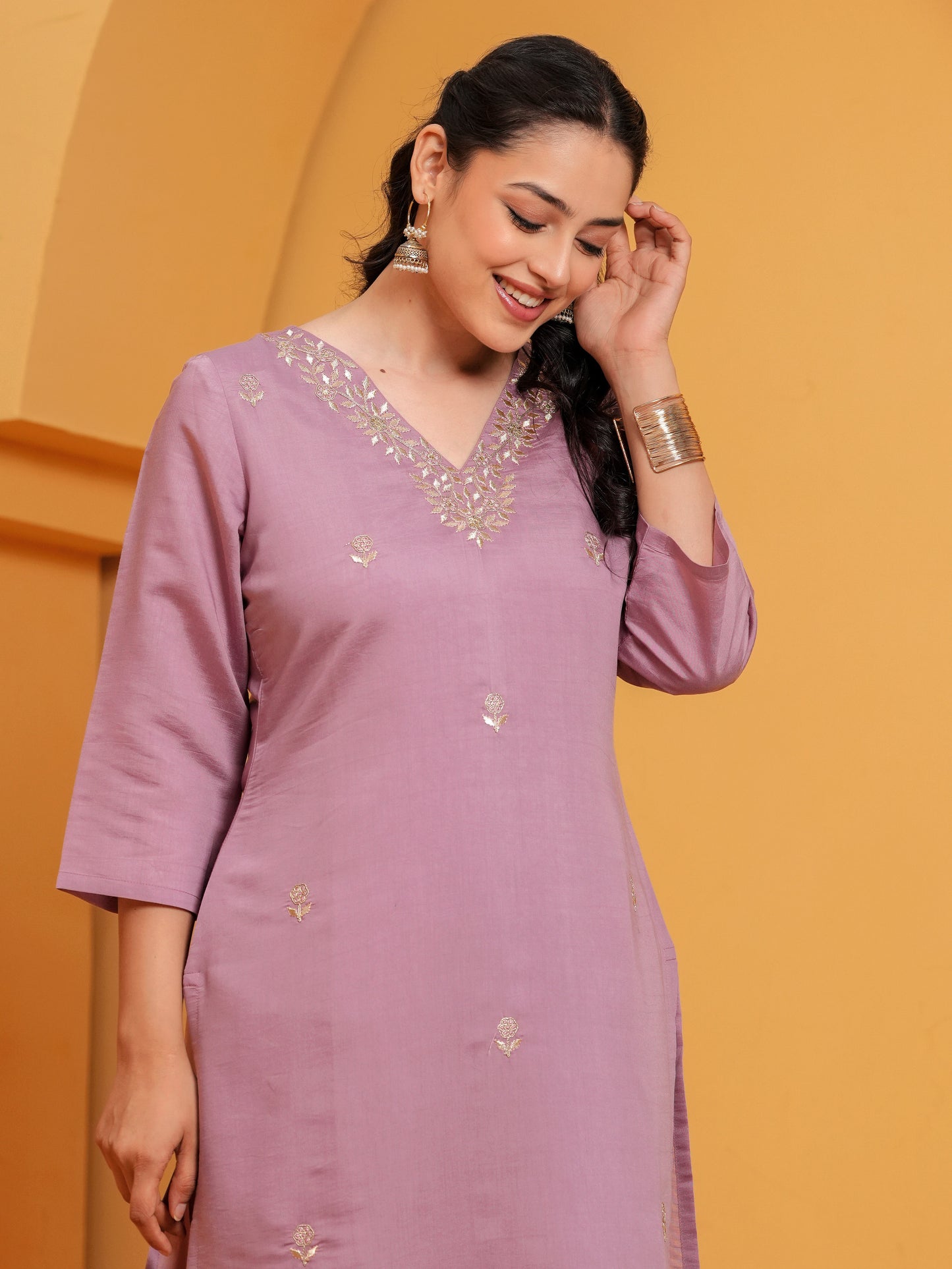 Embroidered Chanderi Solid Straight Dusty Pink Kurta