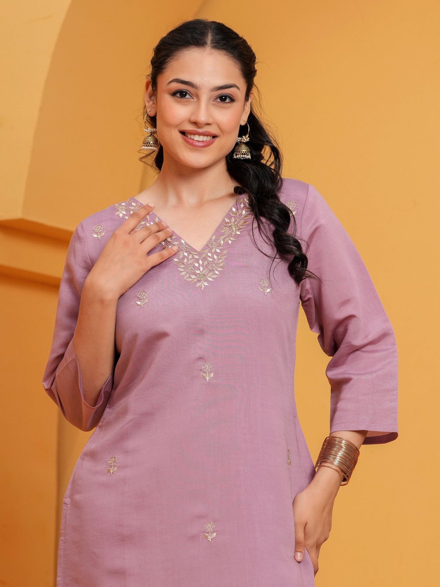 Embroidered Chanderi Solid Straight Dusty Pink Kurta