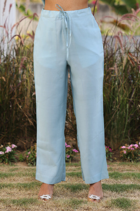 Chanderi Solid Blue Straight Trousers