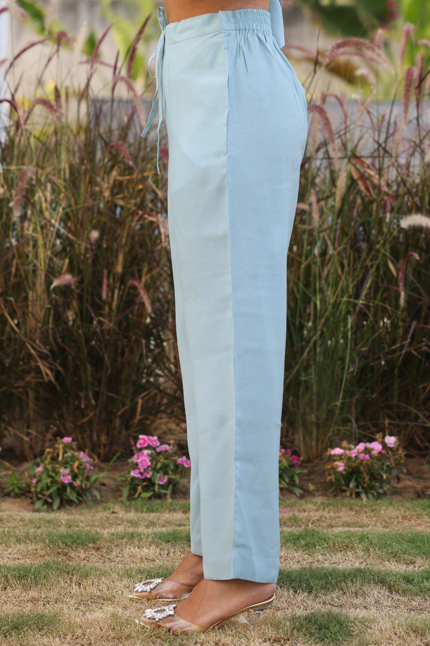 Chanderi Solid Blue Straight Trousers