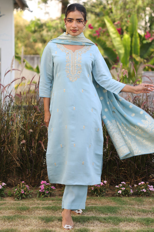 Brocade Solid Blue Dupatta