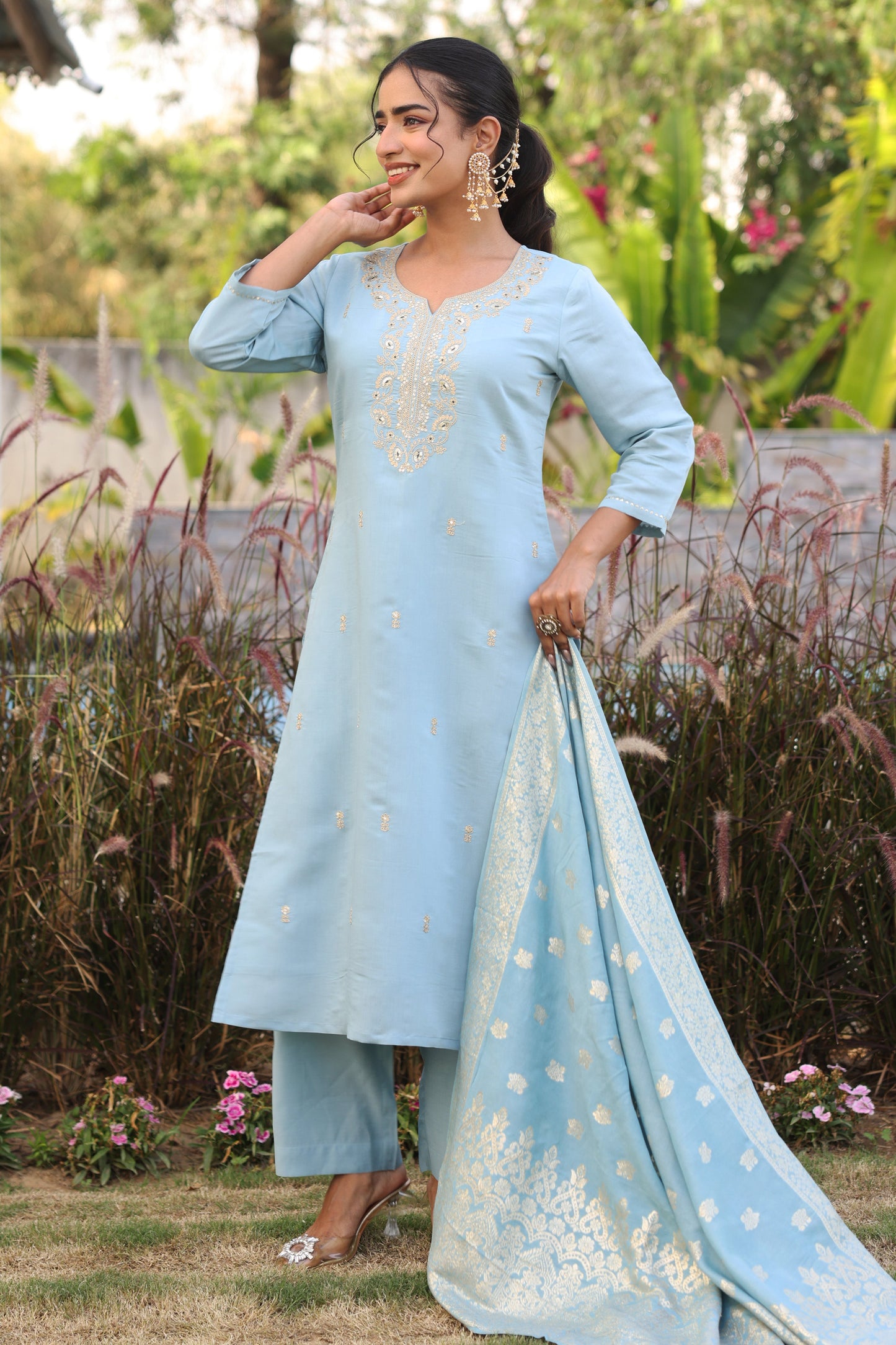 Brocade Solid Blue Dupatta