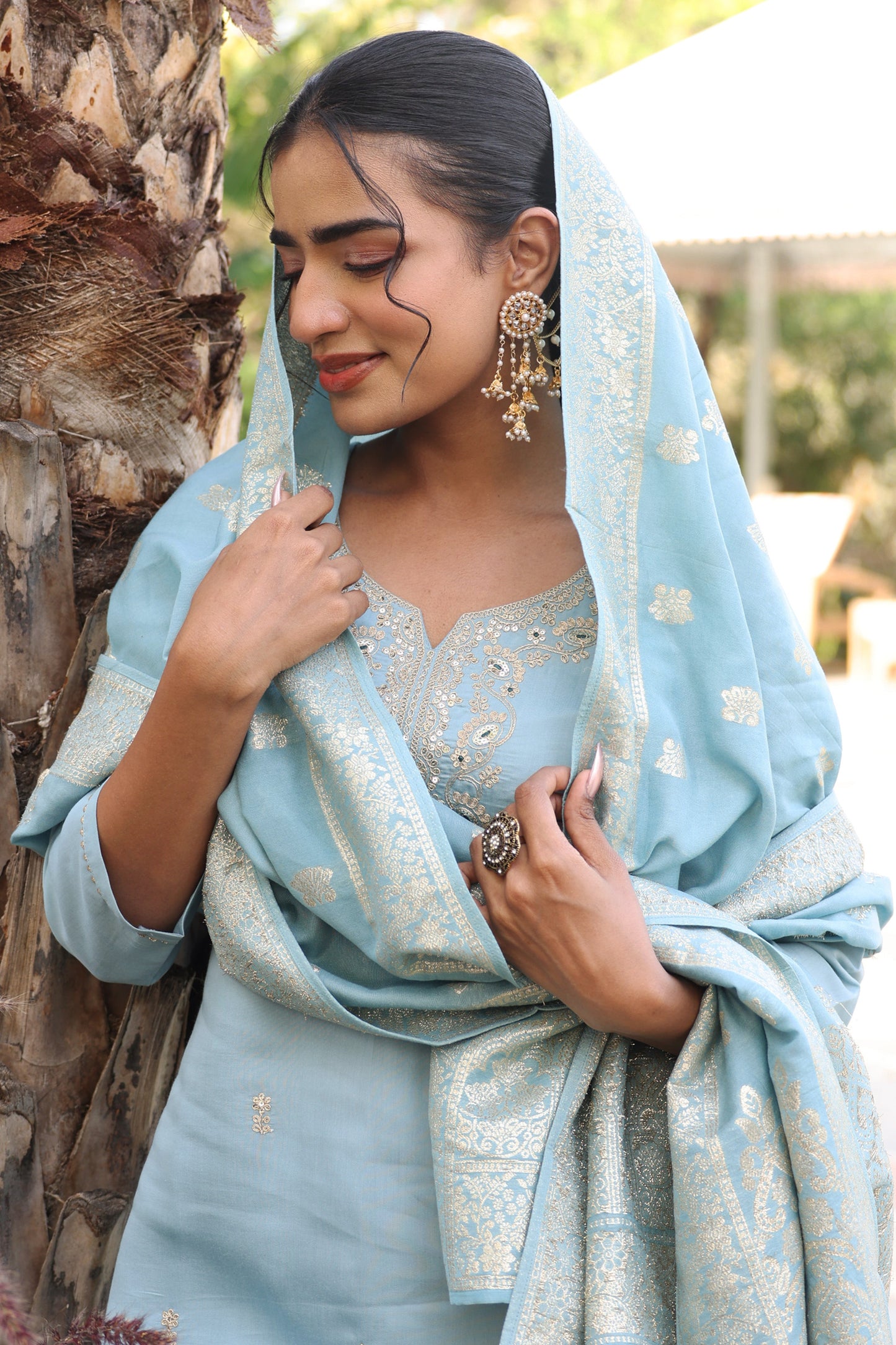 Brocade Solid Blue Dupatta