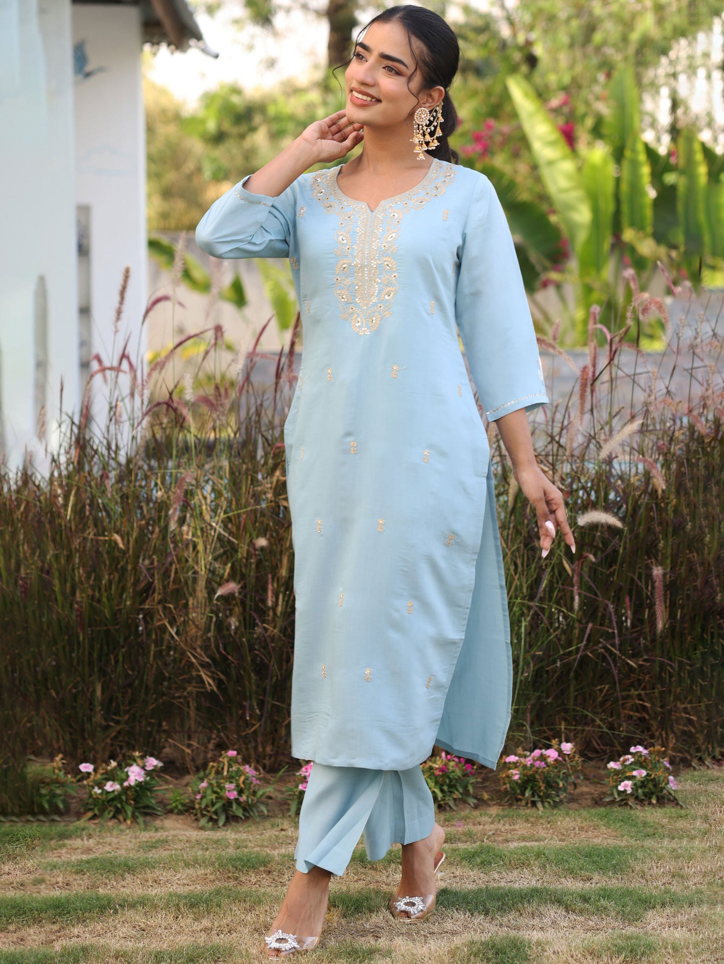 Embroidered Chanderi Solid Straight Blue Kurta