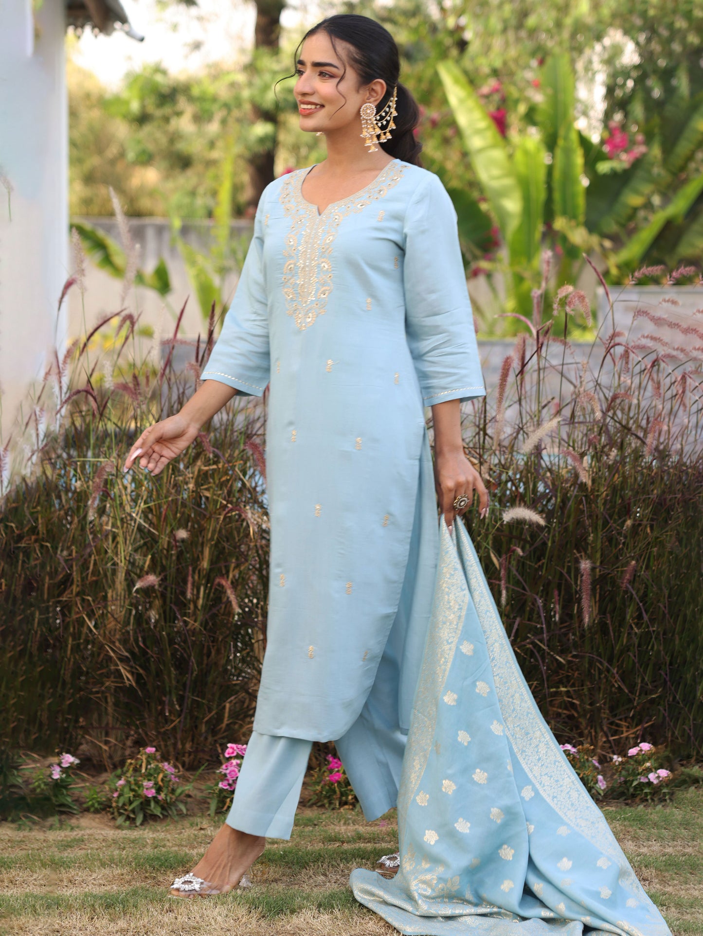 Embroidered Chanderi Solid Straight Blue Kurta