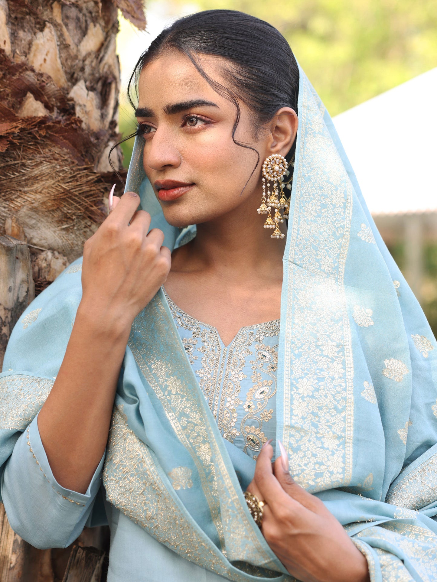 Embroidered Chanderi Solid Straight Blue Kurta