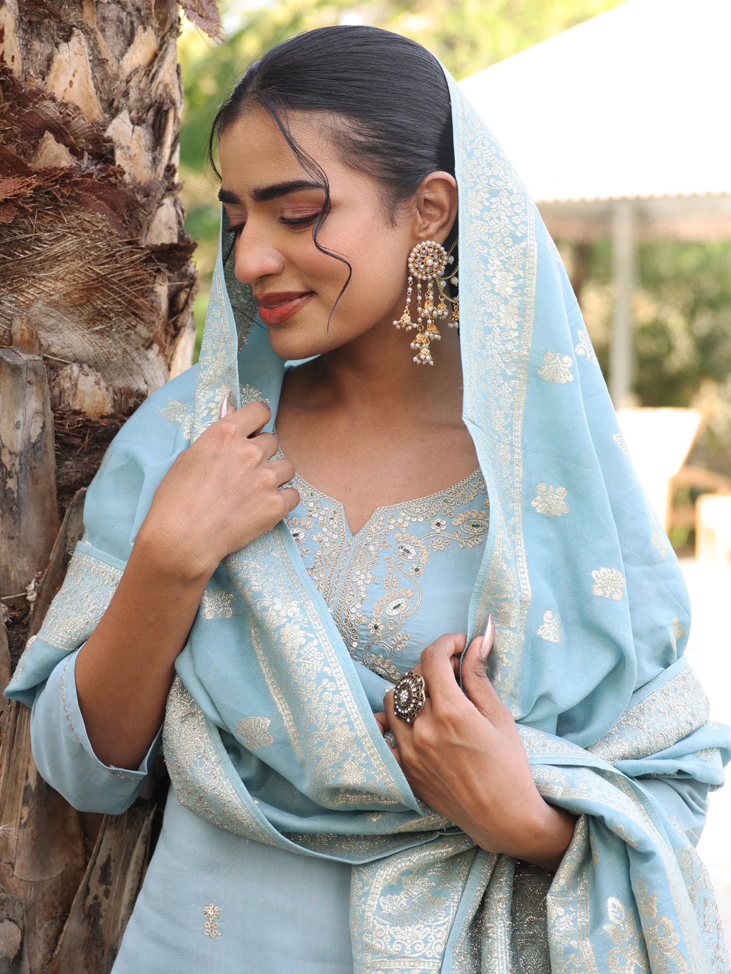 Embroidered Chanderi Solid Straight Blue Kurta