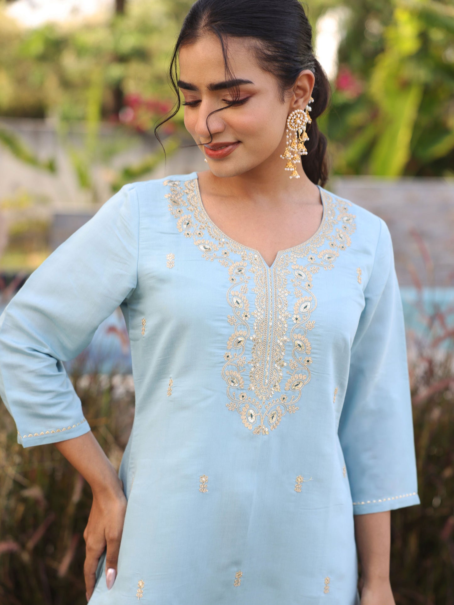 Embroidered Chanderi Solid Straight Blue Kurta