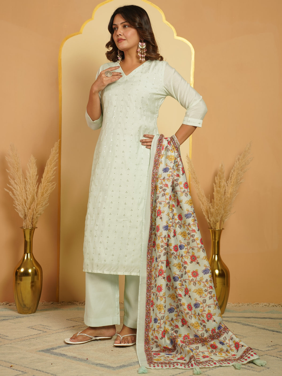 Chanderi Floral Mint Green Dupatta