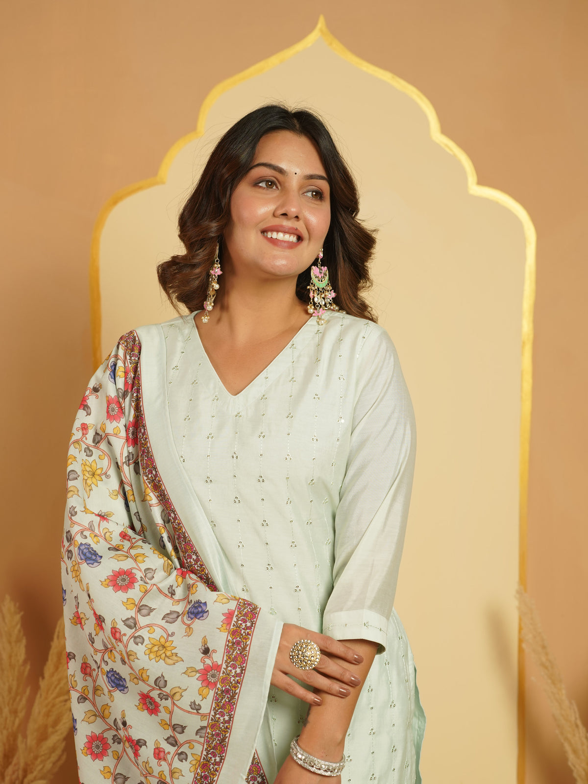 Chanderi Floral Mint Green Dupatta