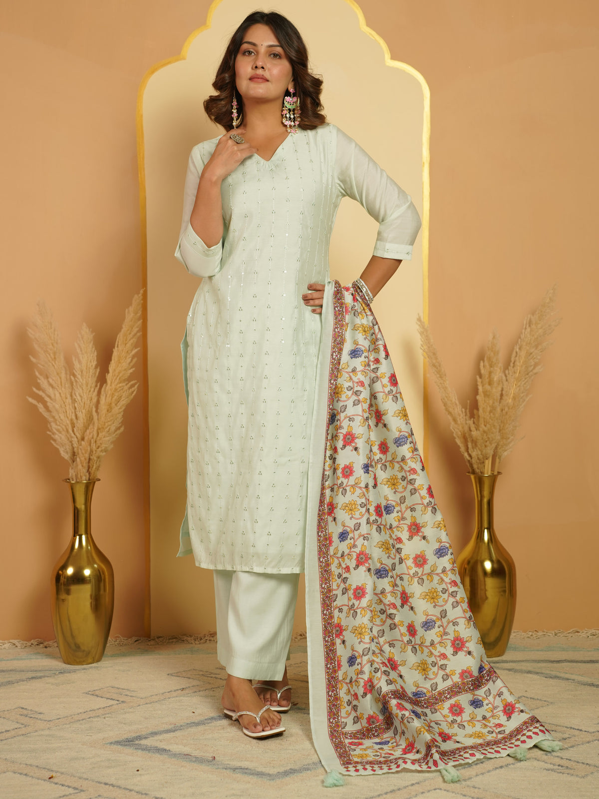Embroidered Chanderi Solid Straight Mint Green Kurta