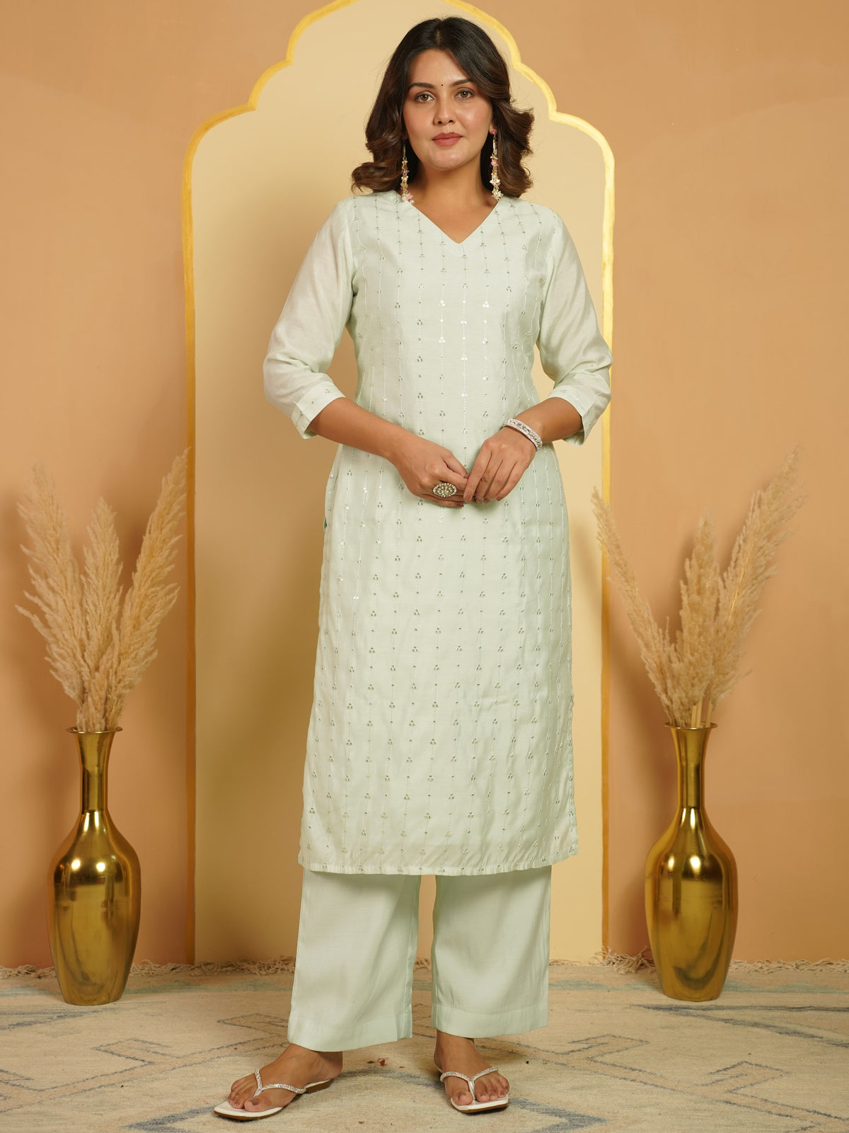 Embroidered Chanderi Solid Straight Mint Green Kurta