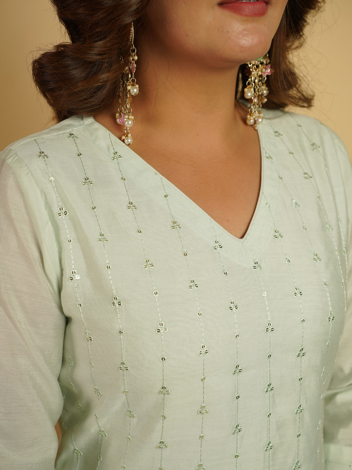 Embroidered Chanderi Solid Straight Mint Green Kurta