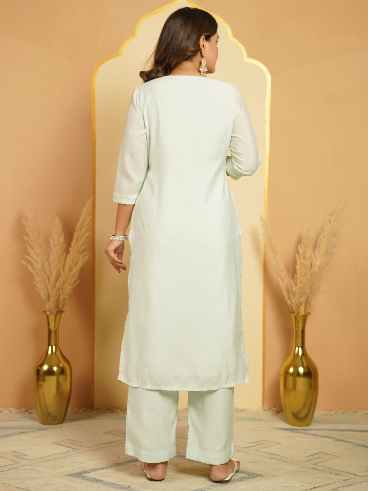 Embroidered Chanderi Solid Straight Mint Green Kurta