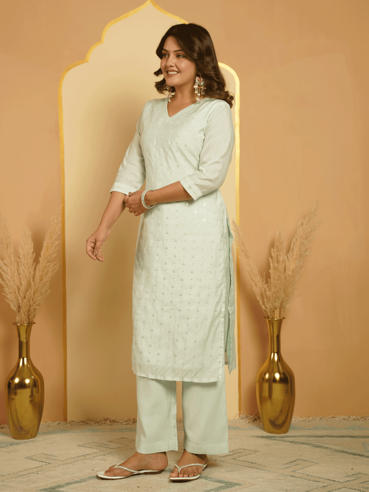 Embroidered Chanderi Solid Straight Mint Green Kurta
