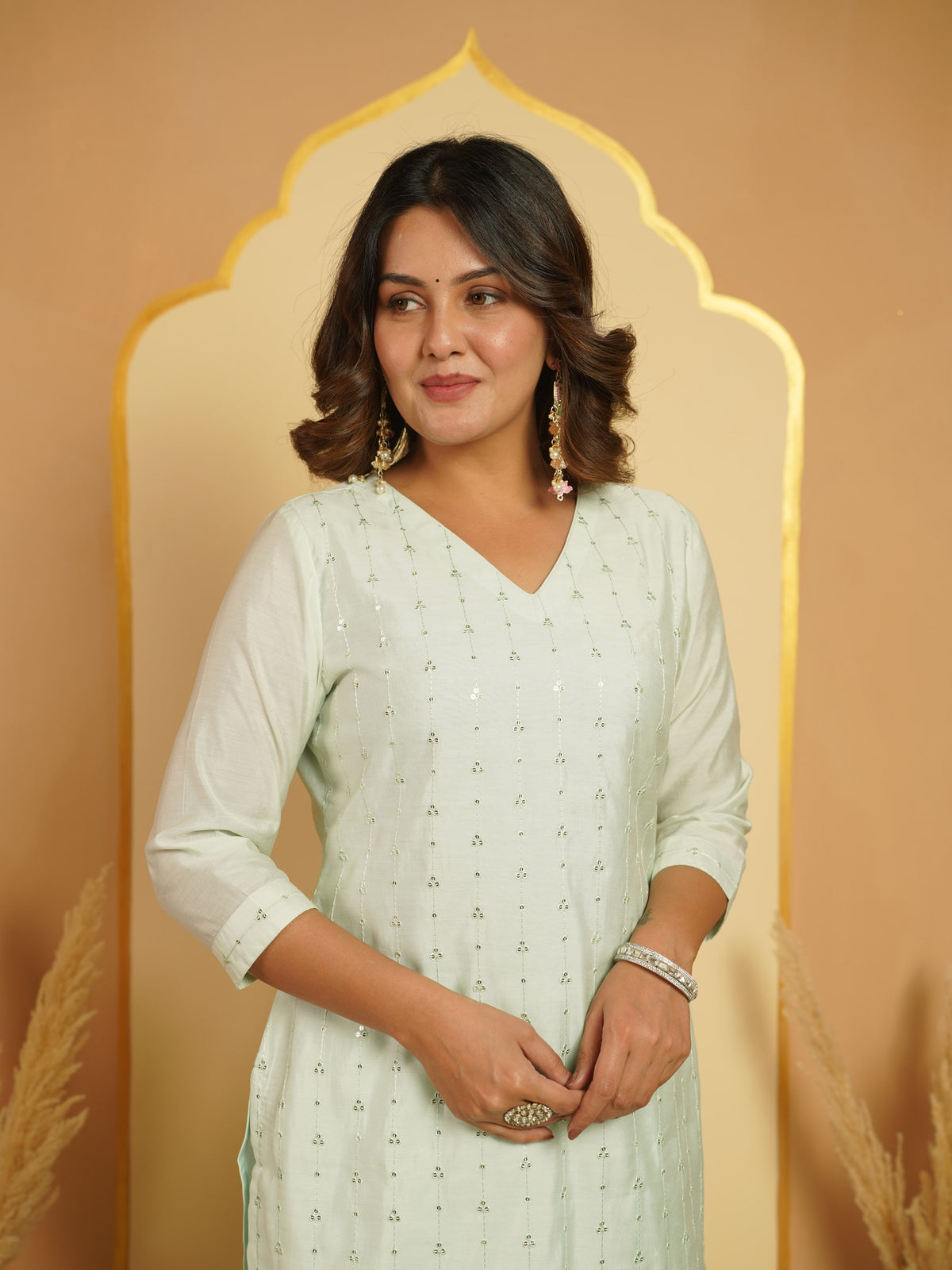 Embroidered Chanderi Solid Straight Mint Green Kurta