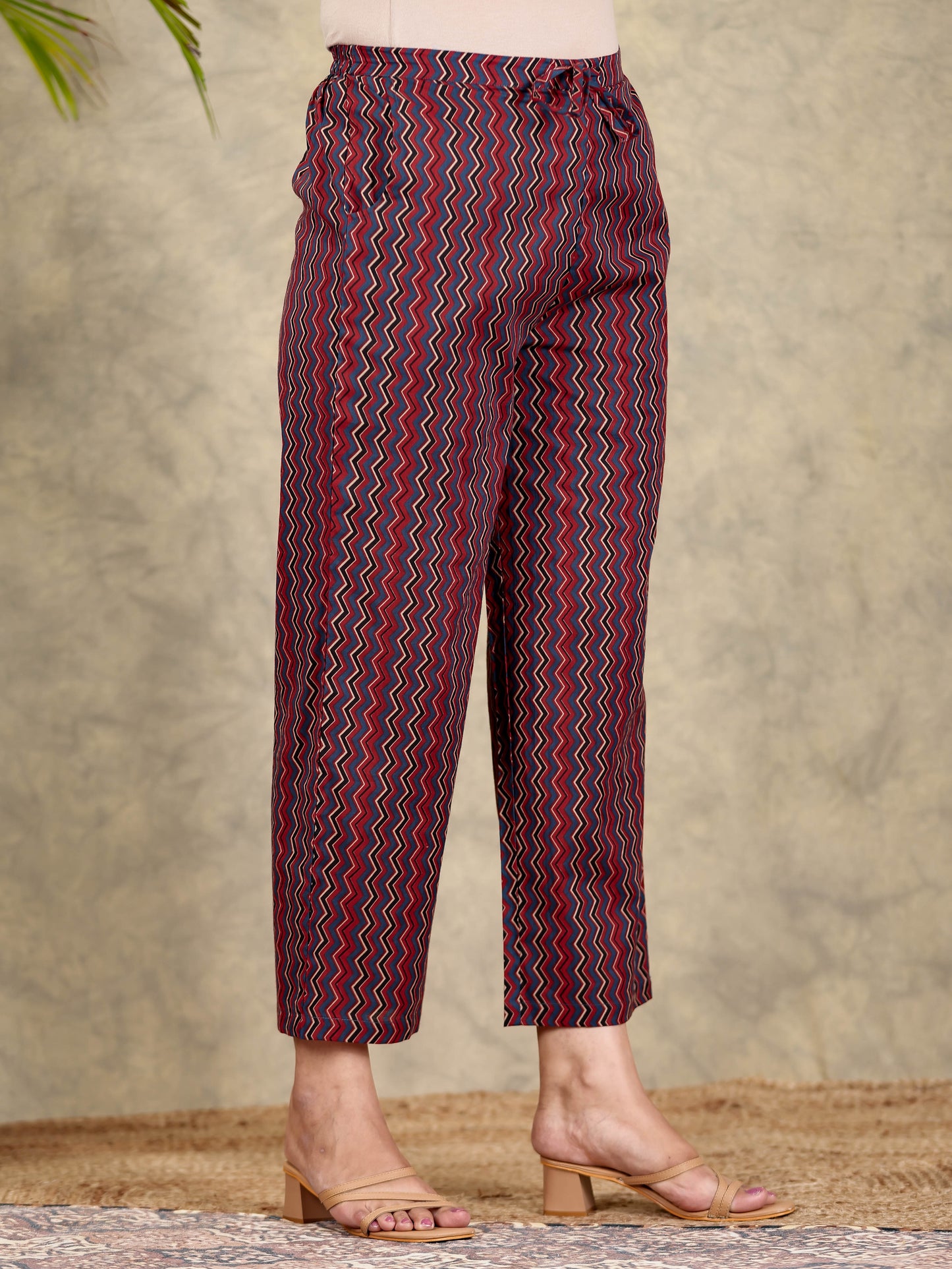 Soft Cotton Chevron Red Straight Straight Trousers