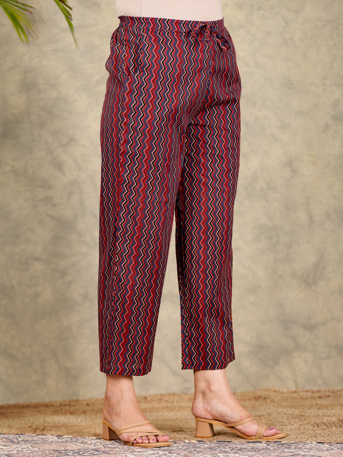 Soft Cotton Chevron Red Straight Straight Trousers