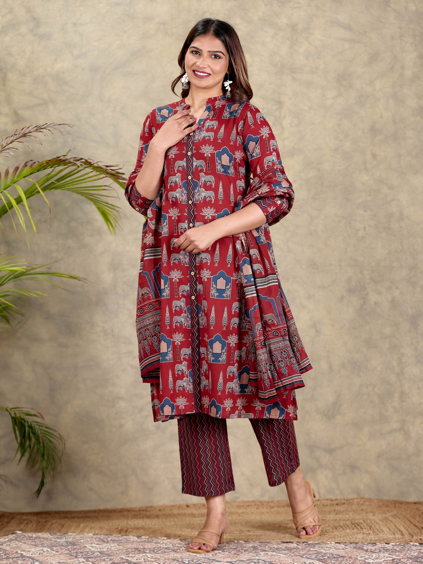 Soft Cotton Block Print A-line Maroon Kurta
