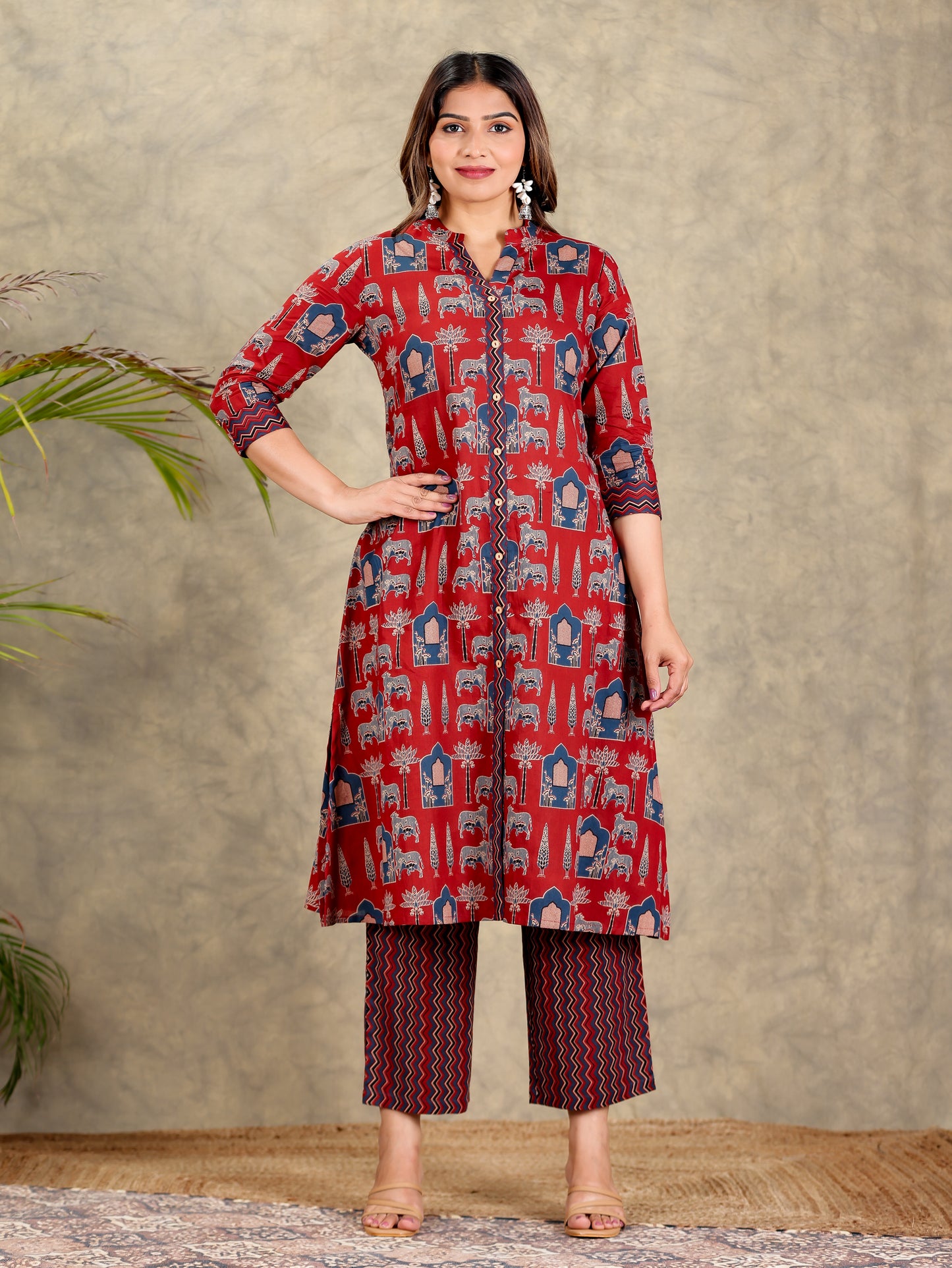Soft Cotton Block Print A-line Maroon Kurta