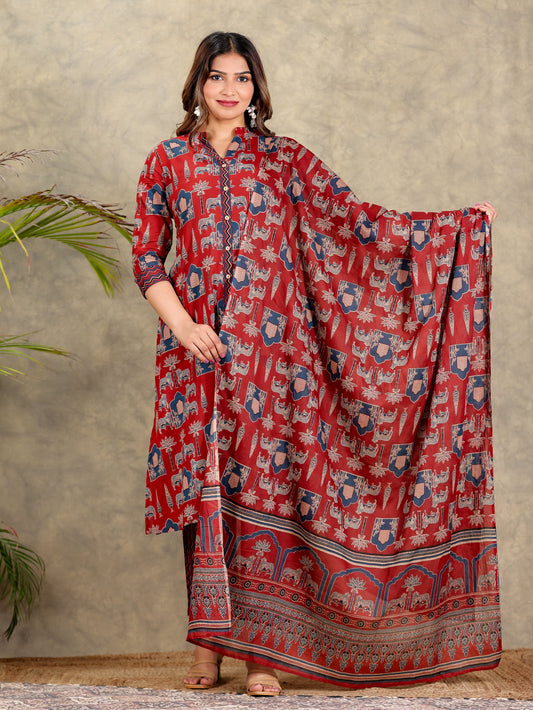 Soft Cotton Block Print A-line Maroon Kurta