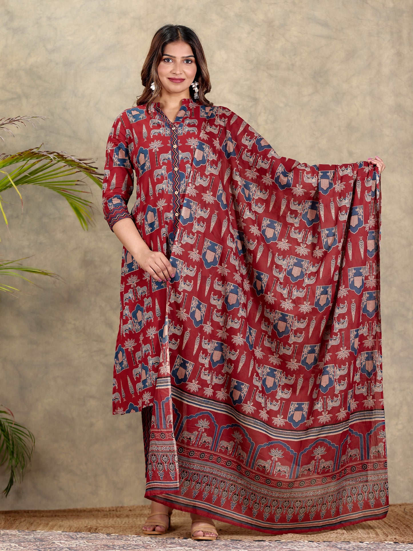 Soft Cotton Block Print A-line Maroon Kurta