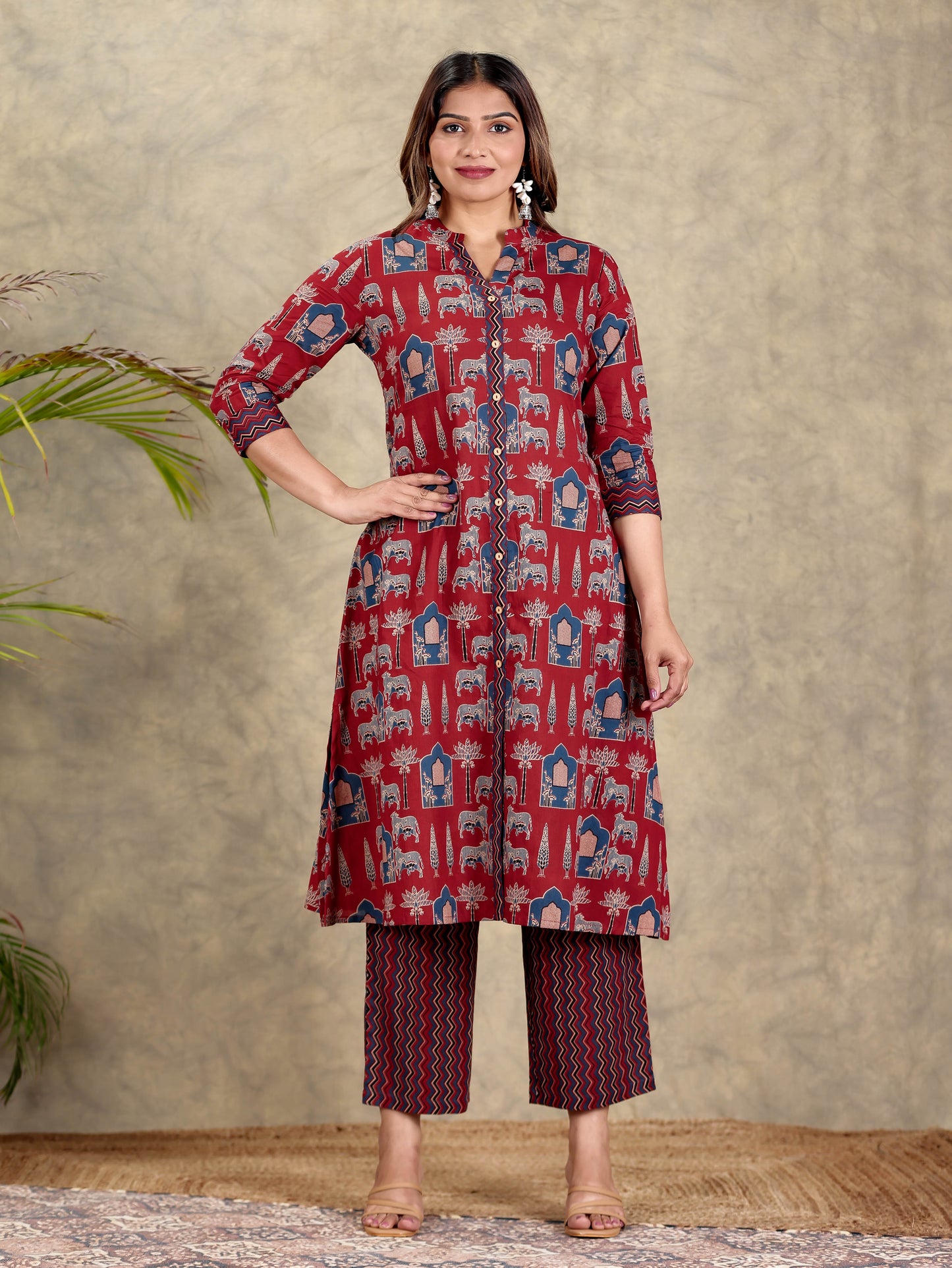 Soft Cotton Block Print A-line Maroon Kurta