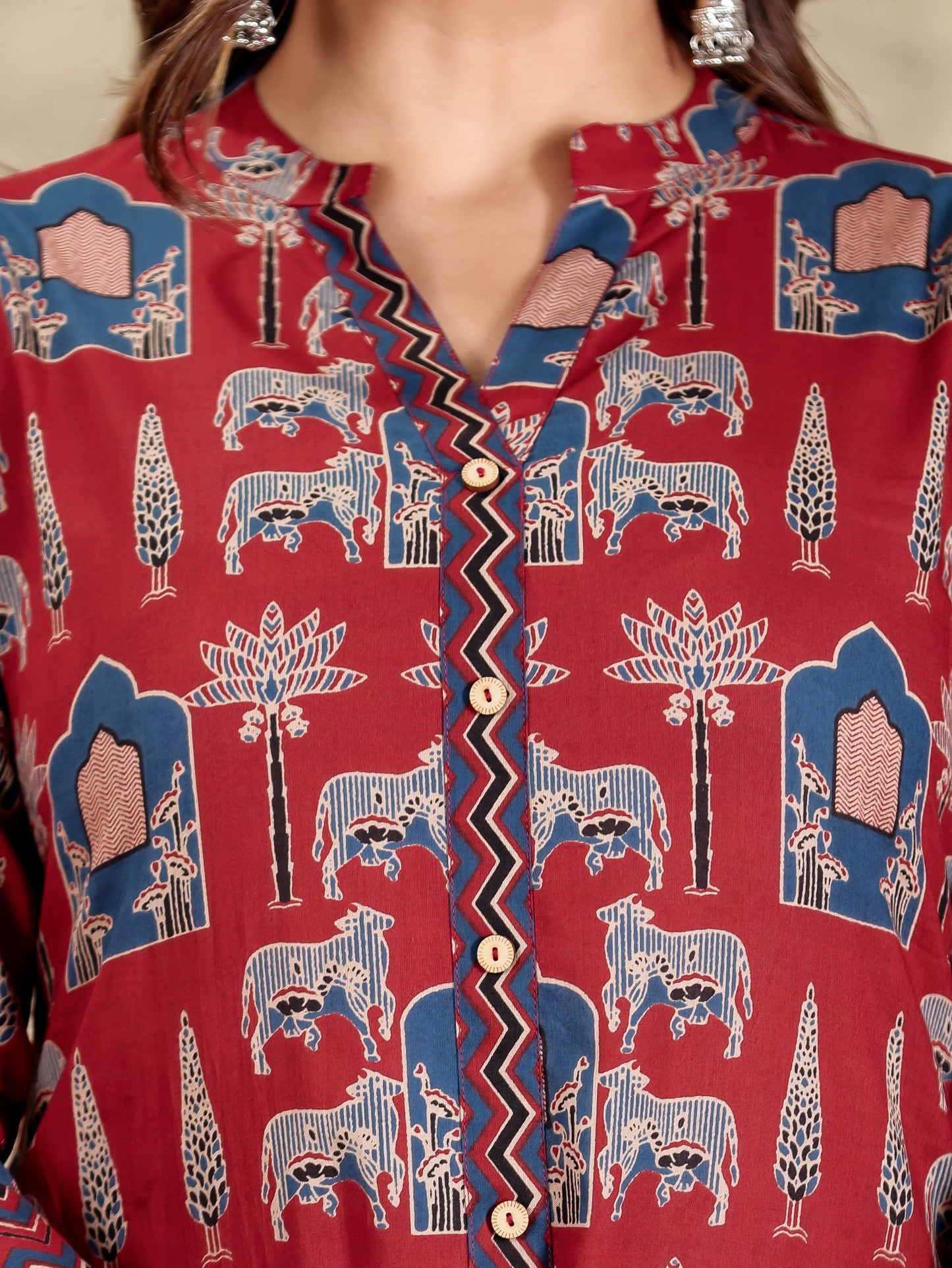 Soft Cotton Block Print A-line Maroon Kurta