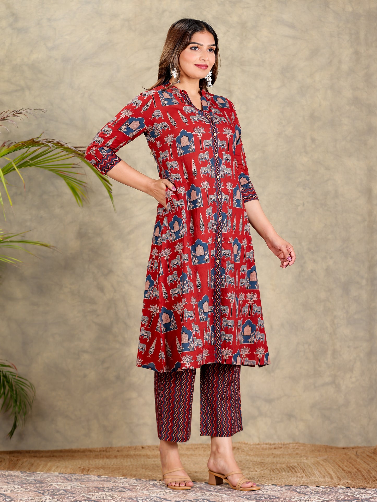 Soft Cotton Block Print A-line Maroon Kurta