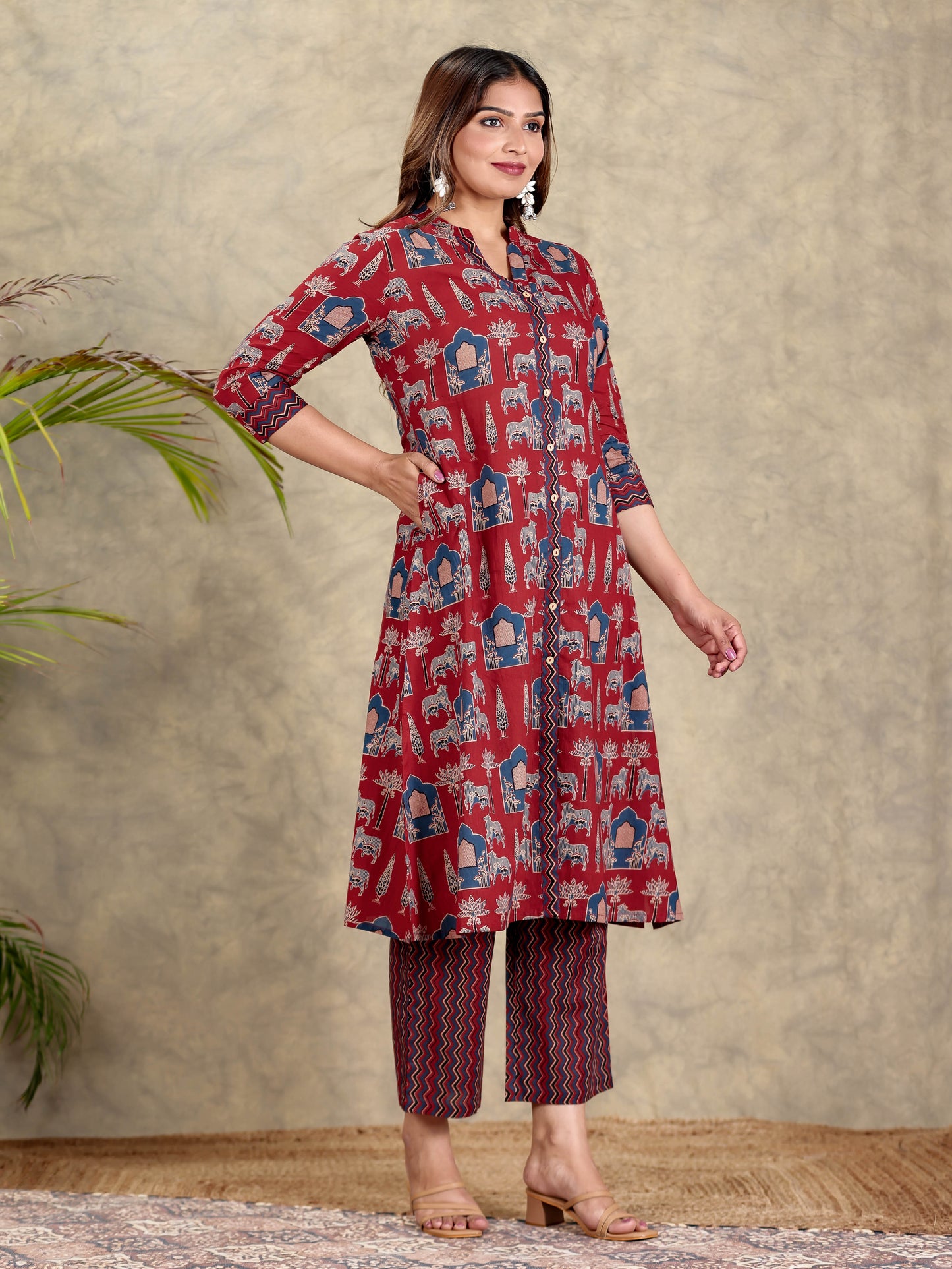 Soft Cotton Block Print A-line Maroon Kurta