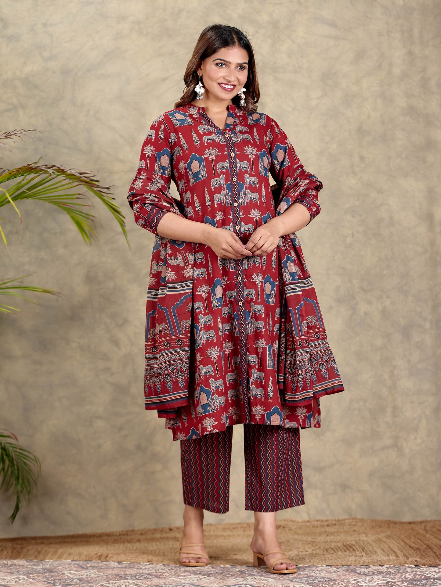 Soft Cotton Block Print A-line Maroon Kurta