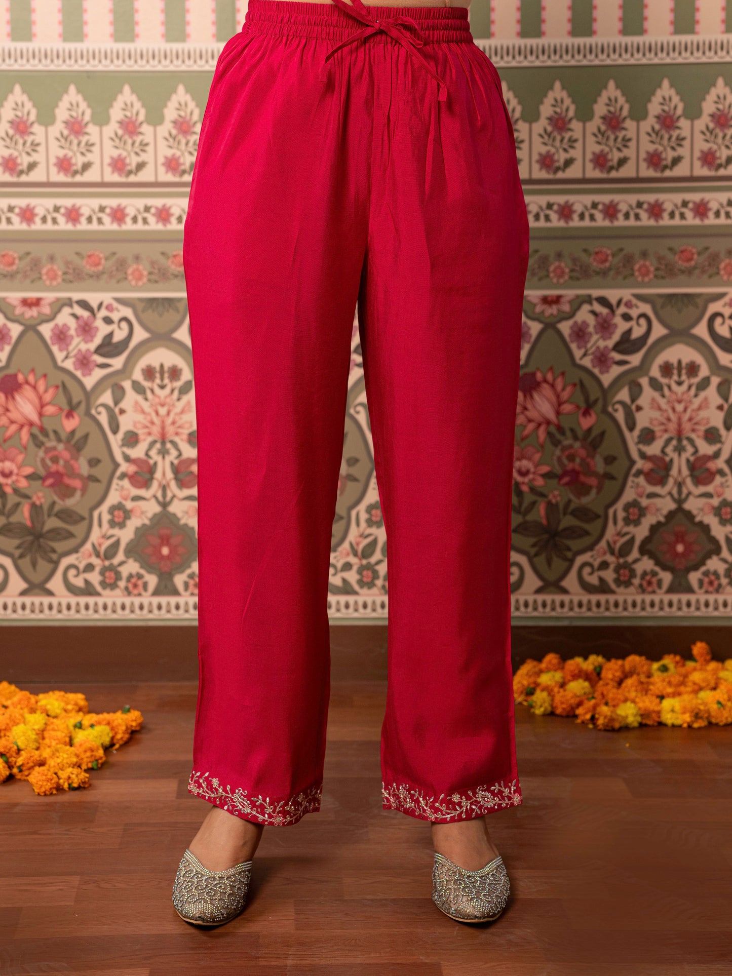 Embroidered Chanderi Solid Straight Red Kurta