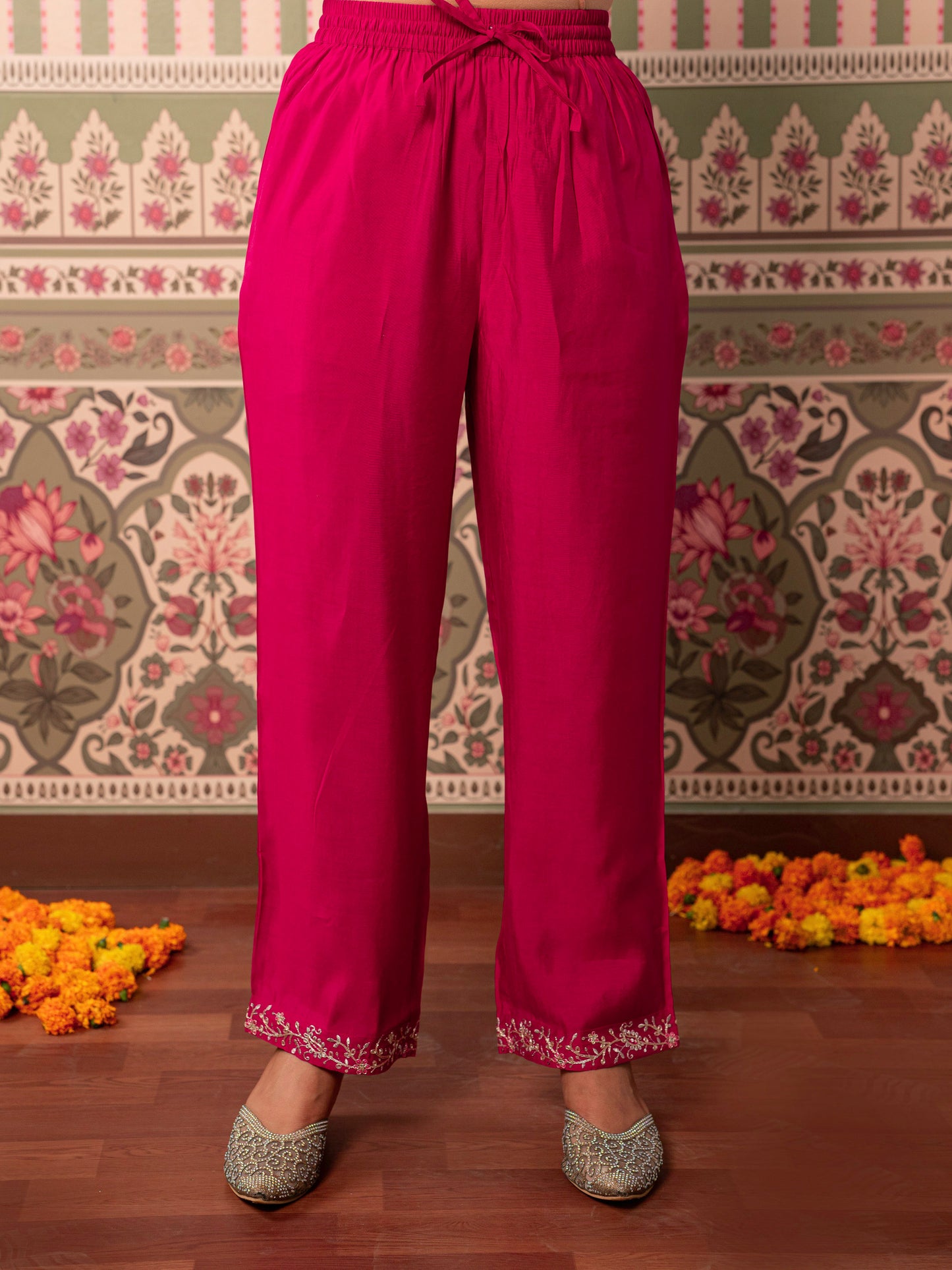 Embroidered Chanderi Solid Fuchsia Straight Trousers