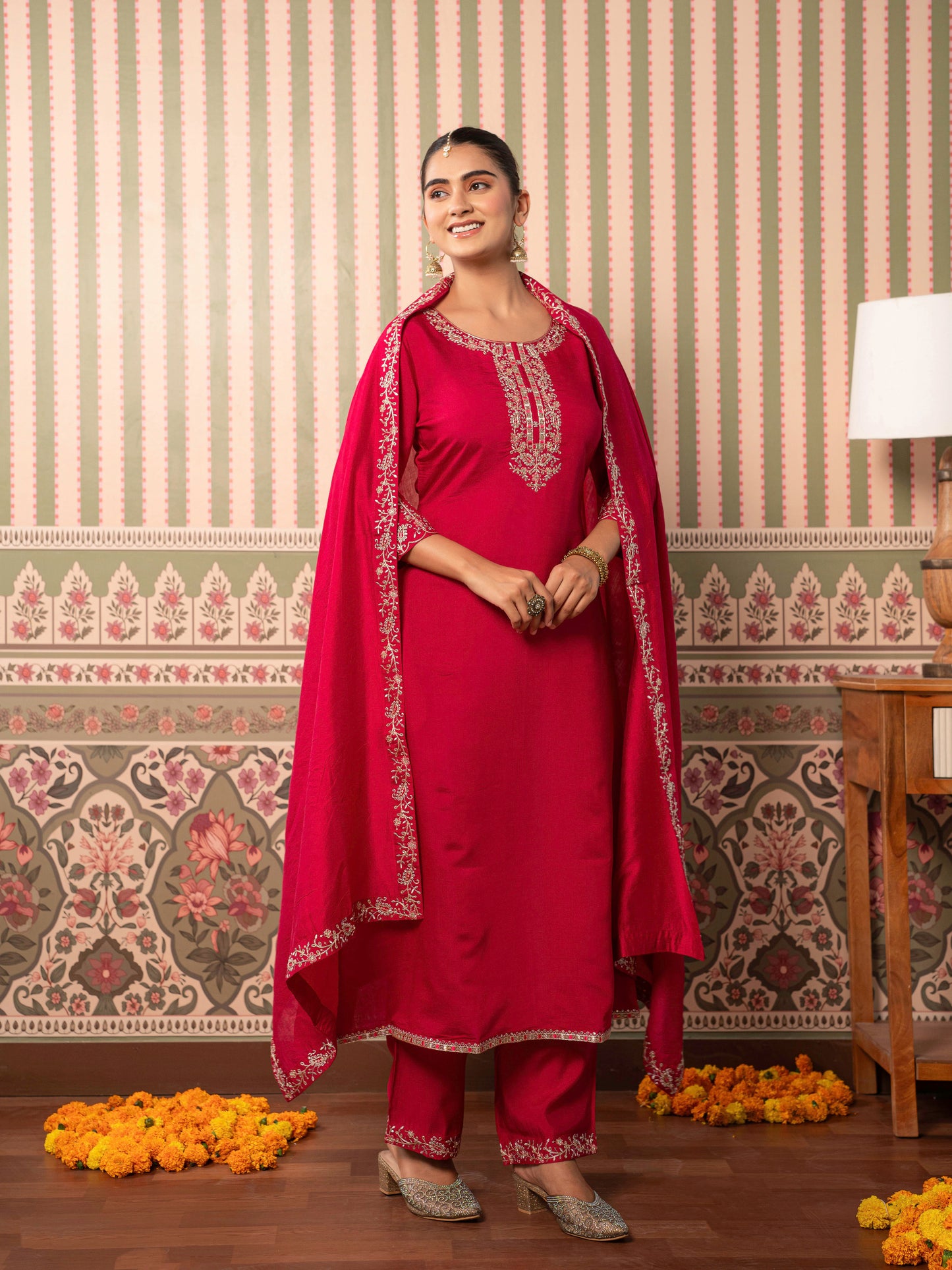 Embroidered Chanderi Solid Straight Red Kurta