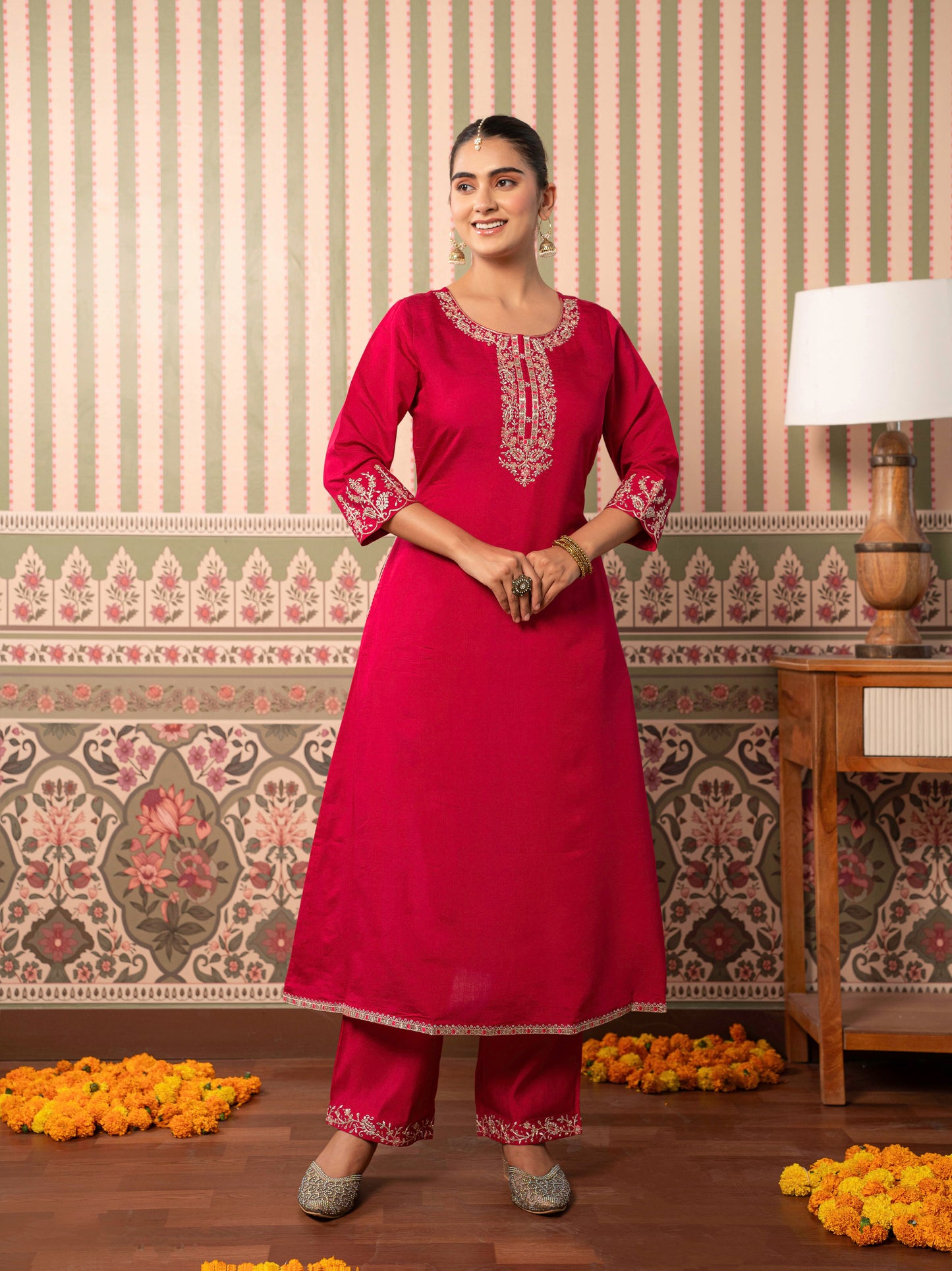 Embroidered Chanderi Solid Straight Red Kurta