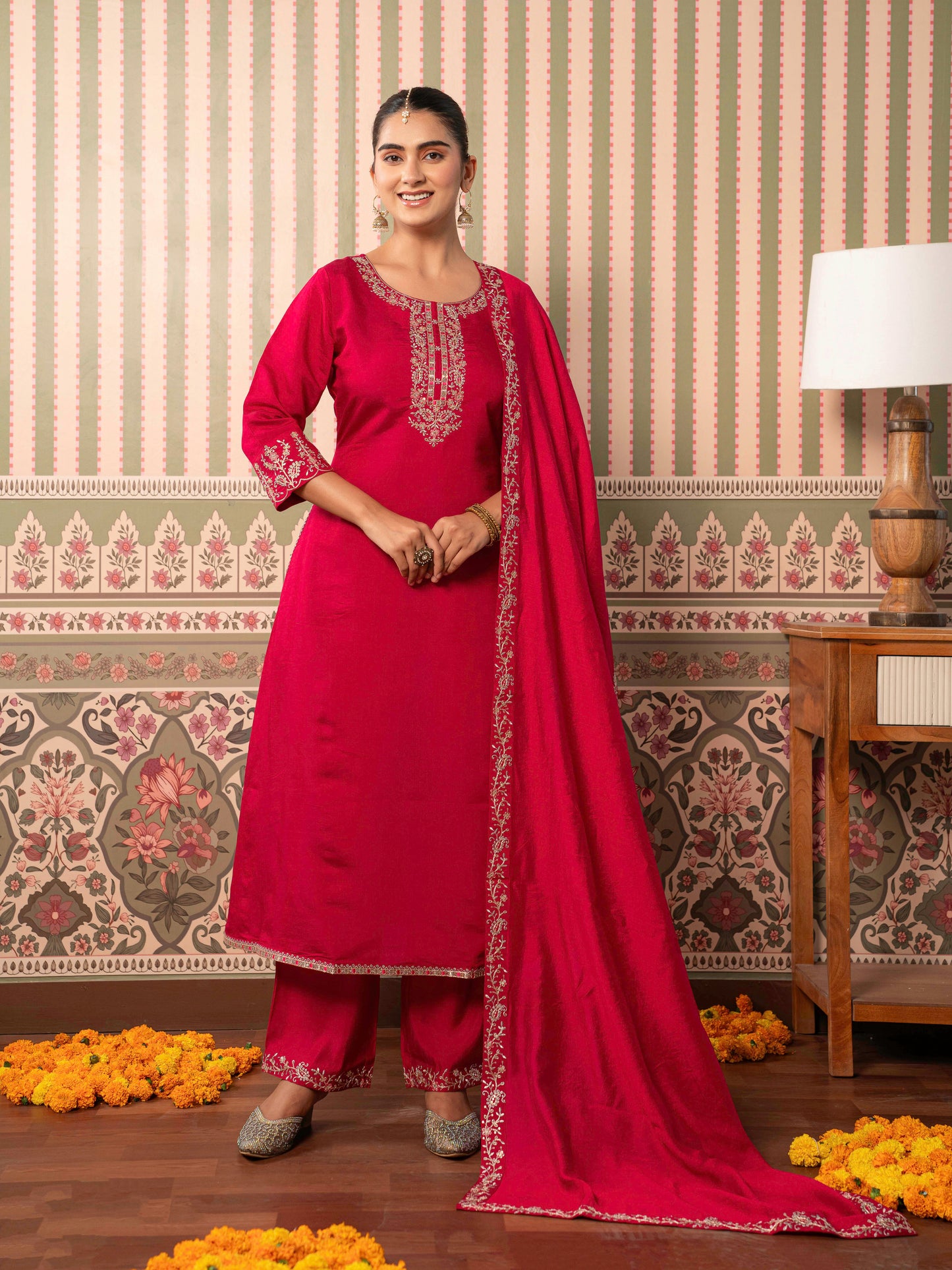 Embroidered Chanderi Solid Red Dupatta