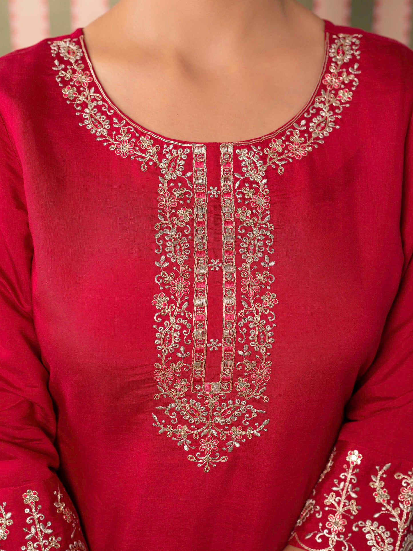 Embroidered Chanderi Solid Straight Red Kurta